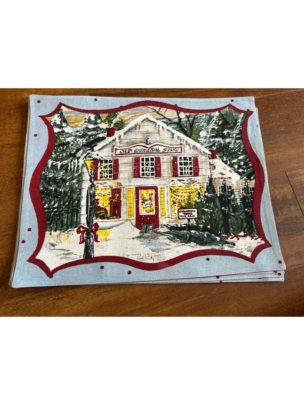 Vintage Christmas Themed Placemats Set of 5 with Winter Cabin Design